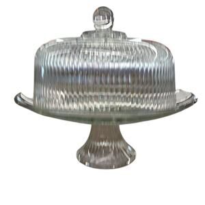 Vtg Anchor Hocking Monaco Clear Ribbed Glass Pedestal Cake Plate & Dome /punch